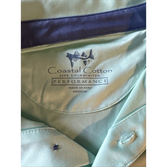 Coastal Cotton Performance Polo Shirt Mens Medium Blue Striped Golf - Picture 3 of 9